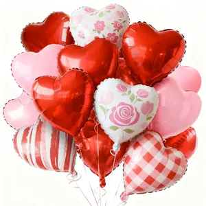 PartyWoo Valentine's Heart Balloons Pink Red and White Heart Foil Balloons 15pcs 18 Inch Red White Checkered Marble Pink Heart Shaped Balloons for Valentine's Day Wedding Anniversary Decorations