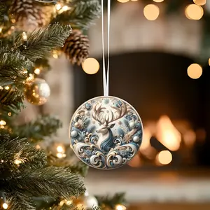 Elegant Reindeer Ceramic Ornament Circle Shape Glossy Finish Lightweight Durable Design Perfect for Christmas Decorations