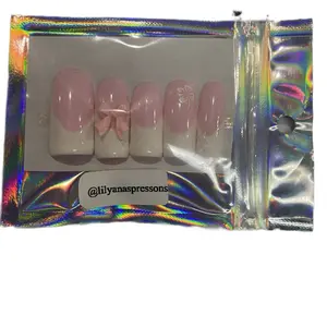 Lilyana Press Ons - Custom Sizing, False Nails, 10 Pieces, Handmade white French Tip Press Ons with Bowl Solid Nail Glam Pink
