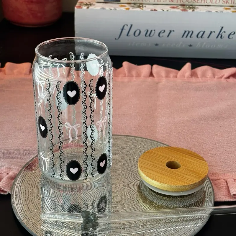 Black Lace Bow Glass Cup 16oz Drinking Glass Tumbler Drinkware  Bamboo Lid glass cup