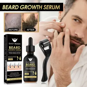 EAST MOON Beard Growth Serum and Derma Roller for Men, Beard Growth Kit with 5% Rosemary Oil & Biotin, Professional Beard Thickening Oil for Patchy Beard, Moisturizing Beard Conditioner for Softening & Growth - 2fl.oz