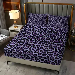 Light Purple Black Leopard Print Soft Mist Enchanting Fitted Sheet Set 3 Pcs, Bed sheets set (1 Fitted Sheet + 2 Pillowcases No Filler) Soft Non-Slip Wear-Resistant No Pilling Ideal for Style Lovers Literary Users Fits Bedrooms Apartments