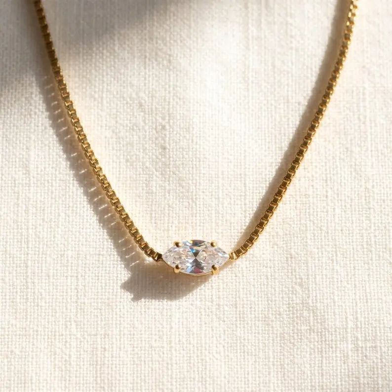 Marquise CZ Necklace, 18K Gold Plated Box Chain