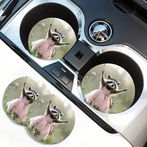 2pcs Cute Raccoon Car Cup Holder Coasters - Non-Slip Rubber Drink Holders with Pink Tutu Raccoon & Flower Design, Absorbent Cup Protectors for Vehicle Ashtray, Dashboard, SUV, Truck, Car Accessories (Adorable Raccoon-Themed Gift Idea)