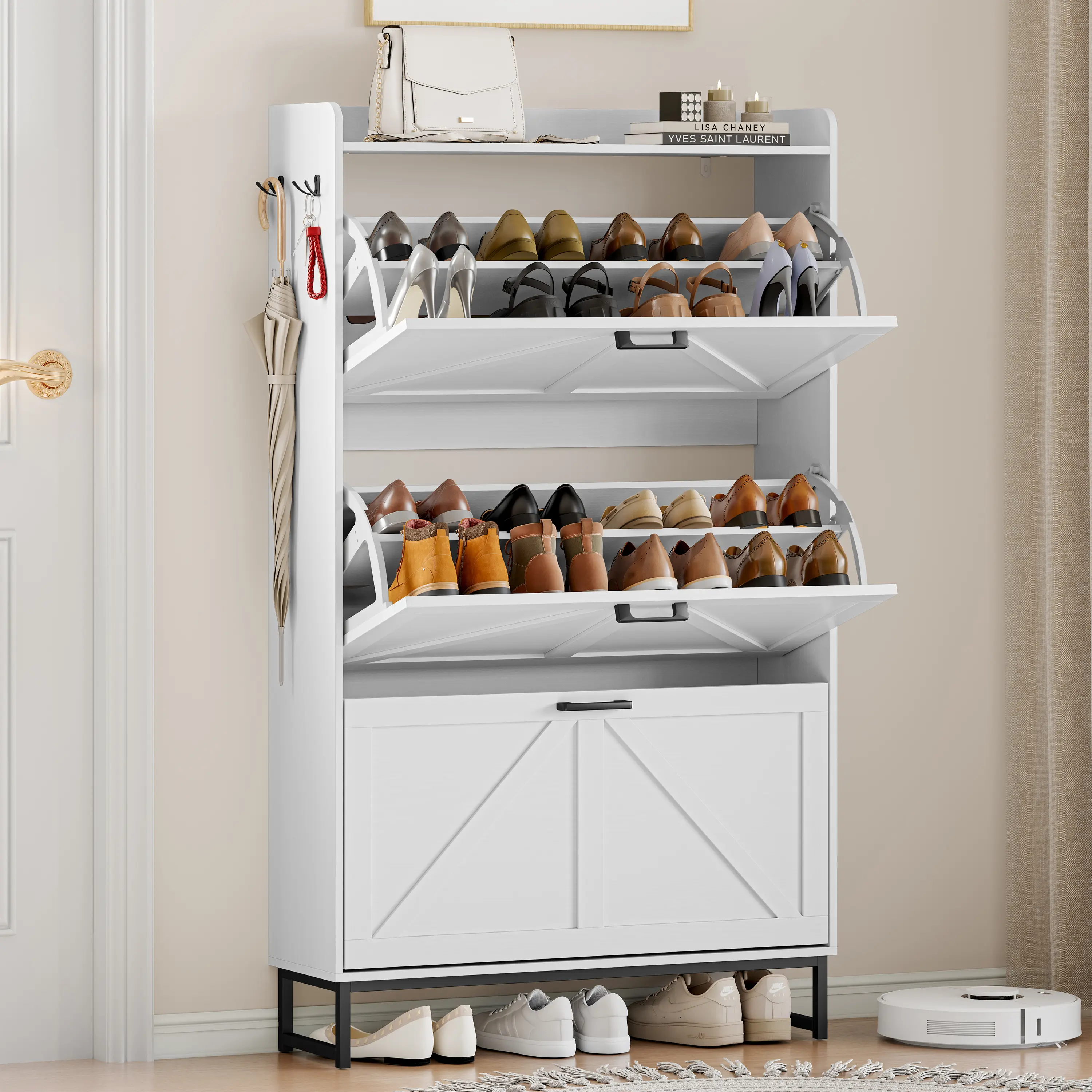 Entryway Shoe Cabinet with 3 Flip Storage Drawers, Freestanding Hidden Shoe Rack Organizer, Slim Narrow Shoe Cabinet with Decor Fence & Hanging Hooks for Mudroom, Living Room, Corridor  fathers day gift ideas
