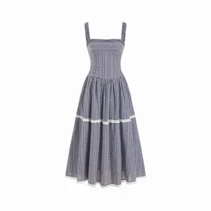 Cider Cotton-blend Gingham Square Neck Ruched Lace Trim Flared Maxi Dress