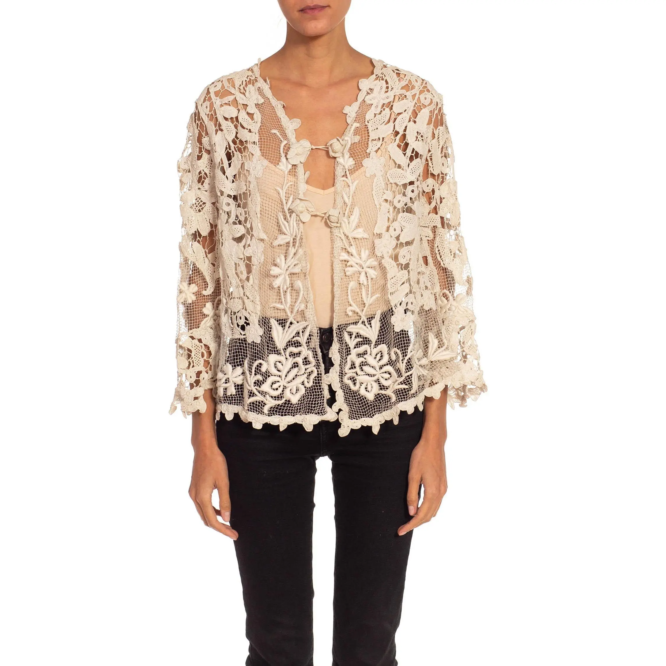 Victorian Off White Needle Lace Long Sleeve Jacket With Flower Hooks
