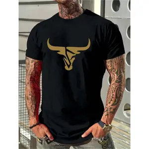 Men's Summer Bull Head Print Round Neck Short Sleeve Casual T-Shirt200G pure cotton