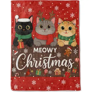 1pc Christmas blanket, kitten with hat and reindeer antlers print casual blanket, soft flannel winter blanket, sofa bed holiday home decoration, Christmas gift red blanket