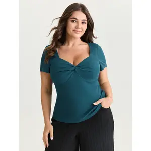 BLOOMCHIC Women's Plus-Size Minimalist Basic Casual Short-Sleeve Knit Top - Supersoft Stretchy Spandex Ribbed Fabric, Sweetheart Neckline, Flattering Fit 2026 Summer Vibes Swimweek