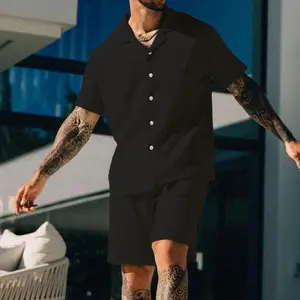 Men’s 2-piece textured button-down shirt and shorts set, lightweight breathable summer outfit, casual Cuban collar loungewear for beach and everyday wear