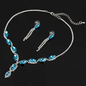 Glam Rhinestone Statement Jewelry Set with Aqua Blue Gems | Perfect for Prom & Wedding | Elegant Necklace & Earrings Set