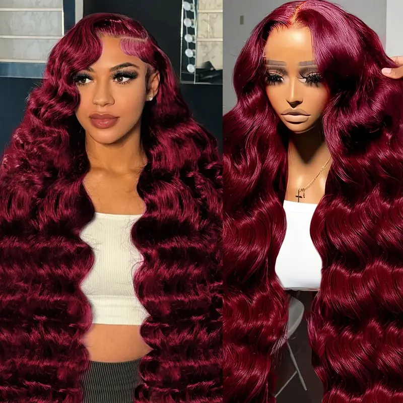GK 32 Inch Burgundy Wig Human Hair Pre Plucked 13x6 HD Glueless Colored 99j Body Wave Lace Front Wigs 200 Density,100% Real Human Hair No Synthetic Blend No Tangle No Shedding Triple Lifespan
