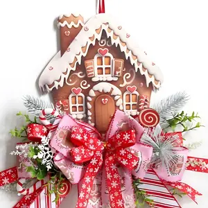 Wooden Gingerbread House Wreath with Ribbon Bows & Sugar-like White Decorations Pink and Brown Candy Cane Striped Door Hanger Christmas Decoration for Outdoor Indoor Use No Assembly Required