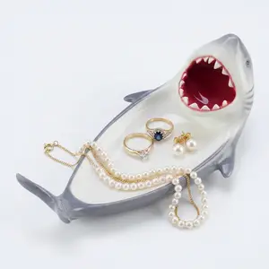 Funny Shark Jewelry Tray, Handmade Ceramic Decorative Ring Holder Trinket Dish Plate for Earrings Necklace Key, Unique Shark Gifts for Girls Women Mom, Coastal Ocean Beach Nautical Theme Decor