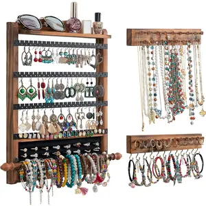 3Pcs Wood Hanging Rustic Wall Mounted Jewelry Organizer Earring Holder for Storage Display Gift (Brown+Black)