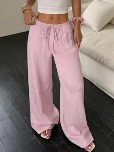 Casual Comfy Trousers for Daily Wear, Women's Basic Striped Print Pocket Drawstring Waisted Wide Leg Pants, Ladies Bottoms for All Seasons, Minimalist Womenswear