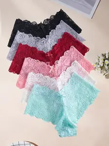 6 Pcs Women's Bow Decor Scallop Trim Lace Panty, Lace Trim Briefs, Soft Comfy Breathable Knickers for Daily Wear, Elegant Chic Ladies Underwear for All Seasons, Fashion Comfy Underwear