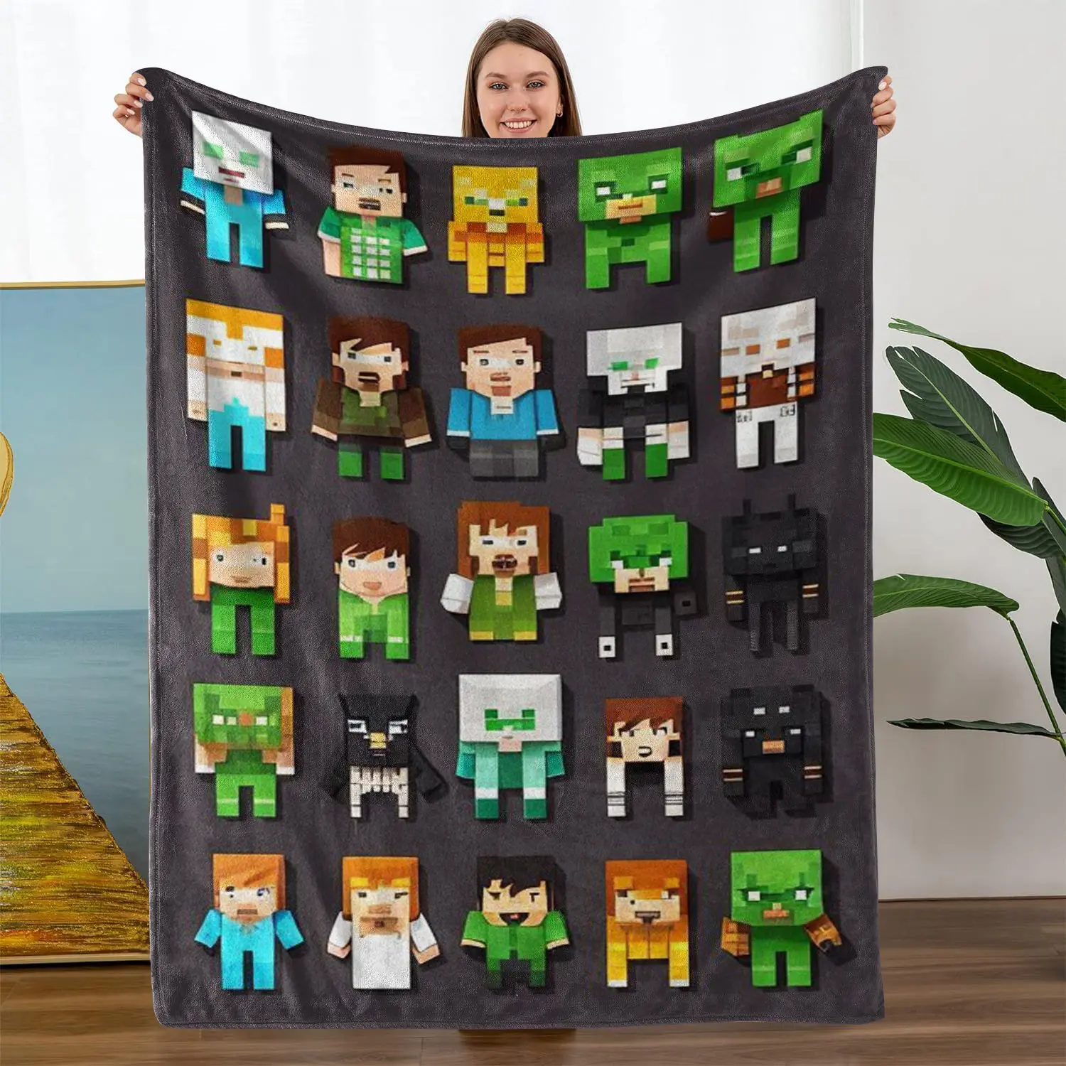 Cool Gaming Fleece Blanket for Kids - Funny Square Heads Pattern - Soft Warm Gift for Son & Teen Boys