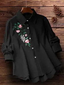 Women's Floral Embroidery Plicated Button Front Shirt, Fashion Casual Long Sleeve Collared Top for Daily Outdoor Wear, Ladies Clothes for Spring, Womenswear
