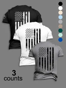 Men's Street Style Fashion Three-Piece Set, Flag Print Short Sleeve T-Shirts, Loose-Fitting, Perfect for Outdoors and Leisure