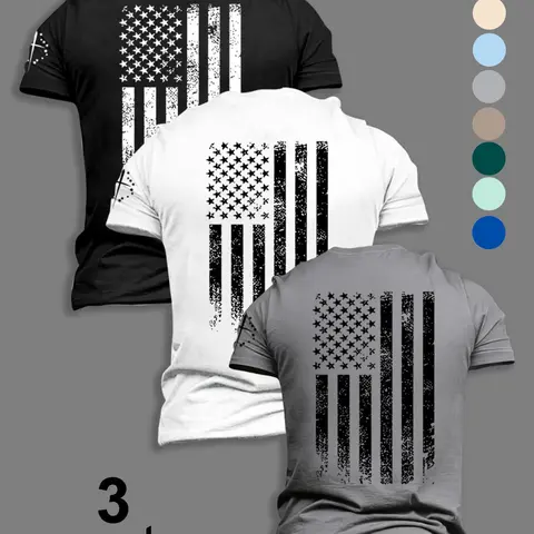 Men's Street Style Fashion Menswear Three-Piece Set, Flag Print Short Sleeve T-Shirt, Loose-Fitting, Perfect for Outdoors and Leisure Clothes, Casual Clothing Set