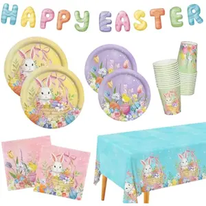 Happy Easter Supplies Kit for 25 Guests - Easter Bunny Decorations, Includes Dinner & Dessert Plates, Napkins, Cups, Banner and Tablecloth in Pink, Purple