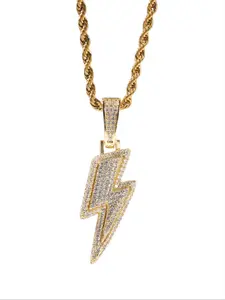 Hip-hop Lightning Pendant Necklace |  Iced Out Lightning Bolt Pendant Necklace | 14K Gold Plated Twisted Rope Chain | Hiphop Bling Jewelry for Men Women
