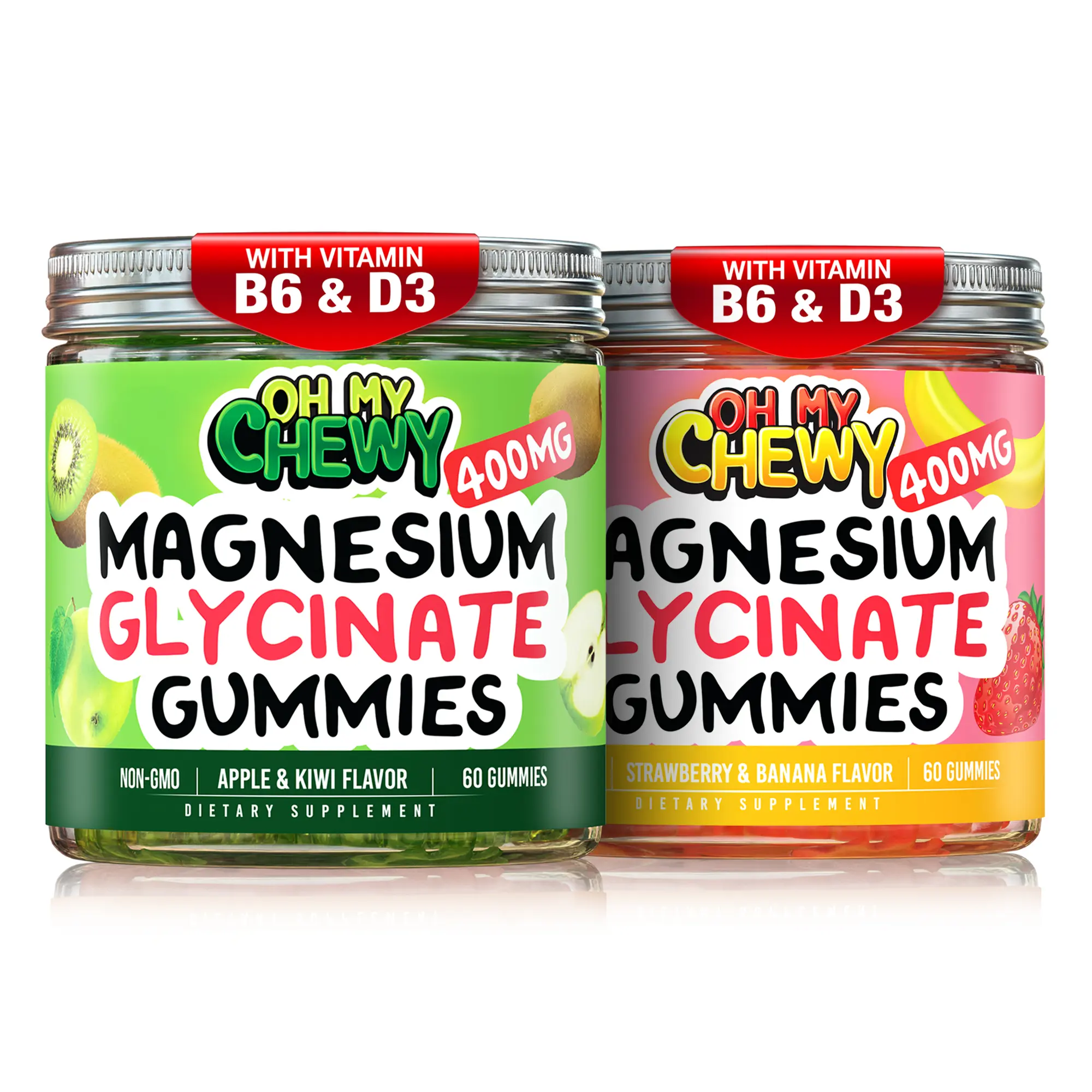 OH MY CHEWY Magnesium Glycinate Gummies Bundle - 2 Great-Tasting Vitamins Supplements Bottles (60 Each) - Apple Kiwi, Strawberry Banana Flavors - Gummy Goodness for Daily Supplemental Nutrition Support, Bone Health
