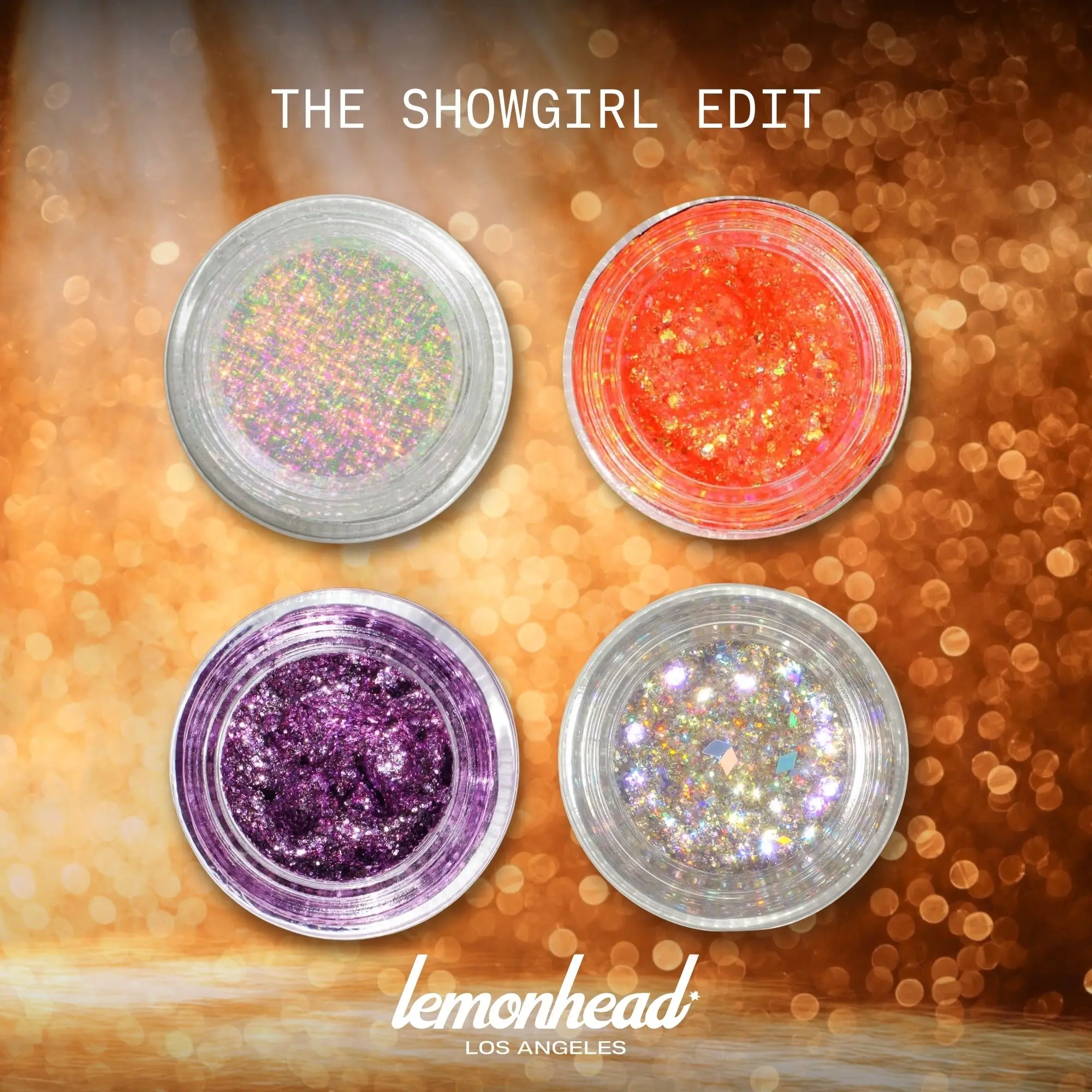 Lemonhead LA The Showgirl Edit | Glitter Identity Series | 4-Piece Mini Glitter Set for Vegas Glam, Concert Makeup, Orange & Iridescent Stage-Ready Sparkle | For Eyes, Face & Body