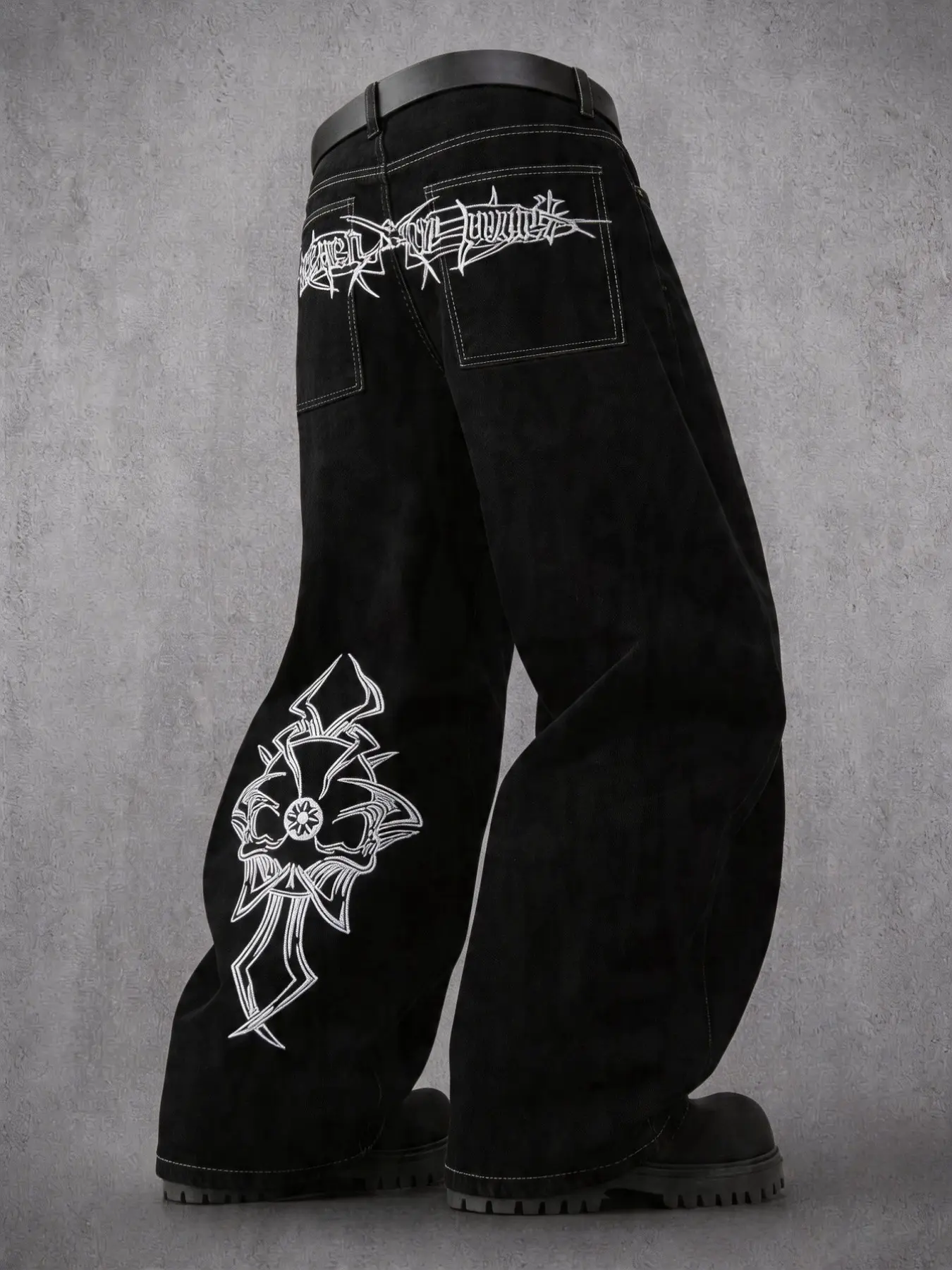 Y2K Vintage Street Style Streetwear Embroidered Denim Jeans, Heavyweight Washed Jeans, Gothic Dark Fashion, Wide Leg with Dual Pockets, Embroidered Casual Jeans