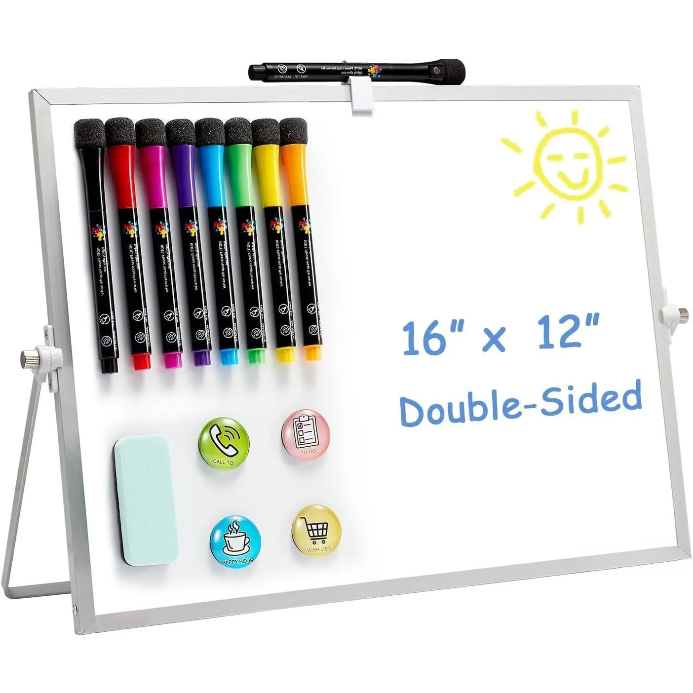 Dry Erase White-Board - 12 X 16 Inches Portable Small  White Board with Hooks for Wall, Mini Desktop Whiteboard 360 Degrees Revolving Double Sided Stand for , , School