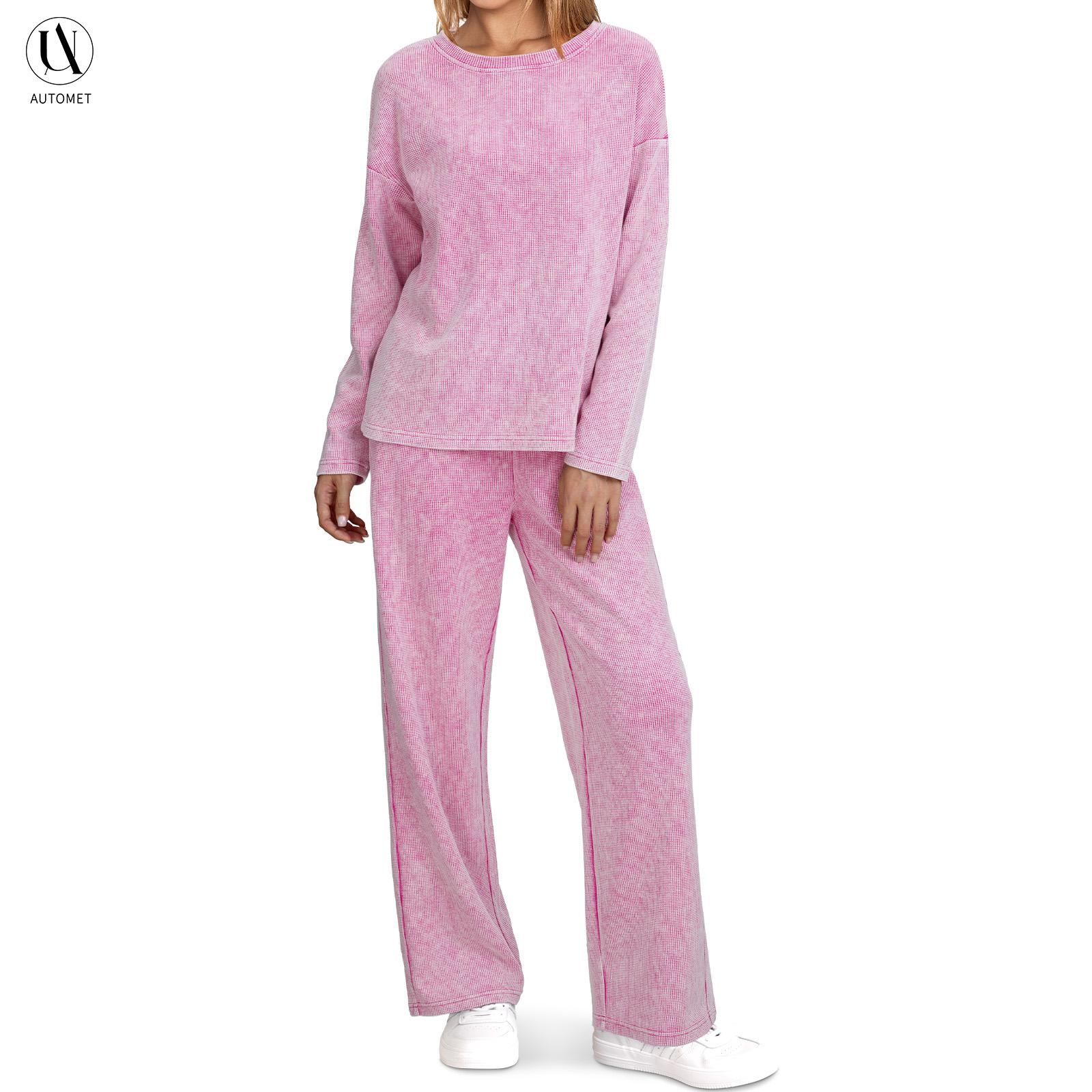 AUTOMET Women's 2-Piece Cotton Blend Vintage Waffle Pajama Set - Lady's Long Sleeve Crew Neck Fitted Top, Relaxed Pants, Casual Loungewear Nightwear, 2 Piece Sets