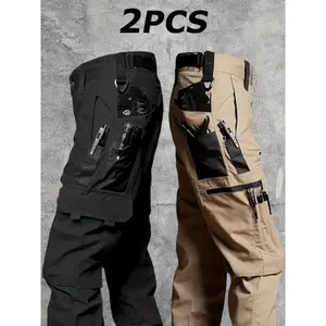 2pcsMen'STacticalPants,100%PolyesterSolidColorCasualOutdoorHiking&FishingPantswithMultiplePockets,Non-StretchWovenFabric,RegularFitforAllSeasons,VersatileOveralls|MultipocketPants|Pants,CampingGear