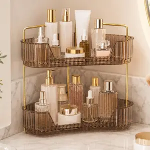 Amber 2-Tier Corner Bathroom Organizer with Perfume Tray - Space-Saving Vanity Storage Rack for Makeup, Skincare, Countertop Use