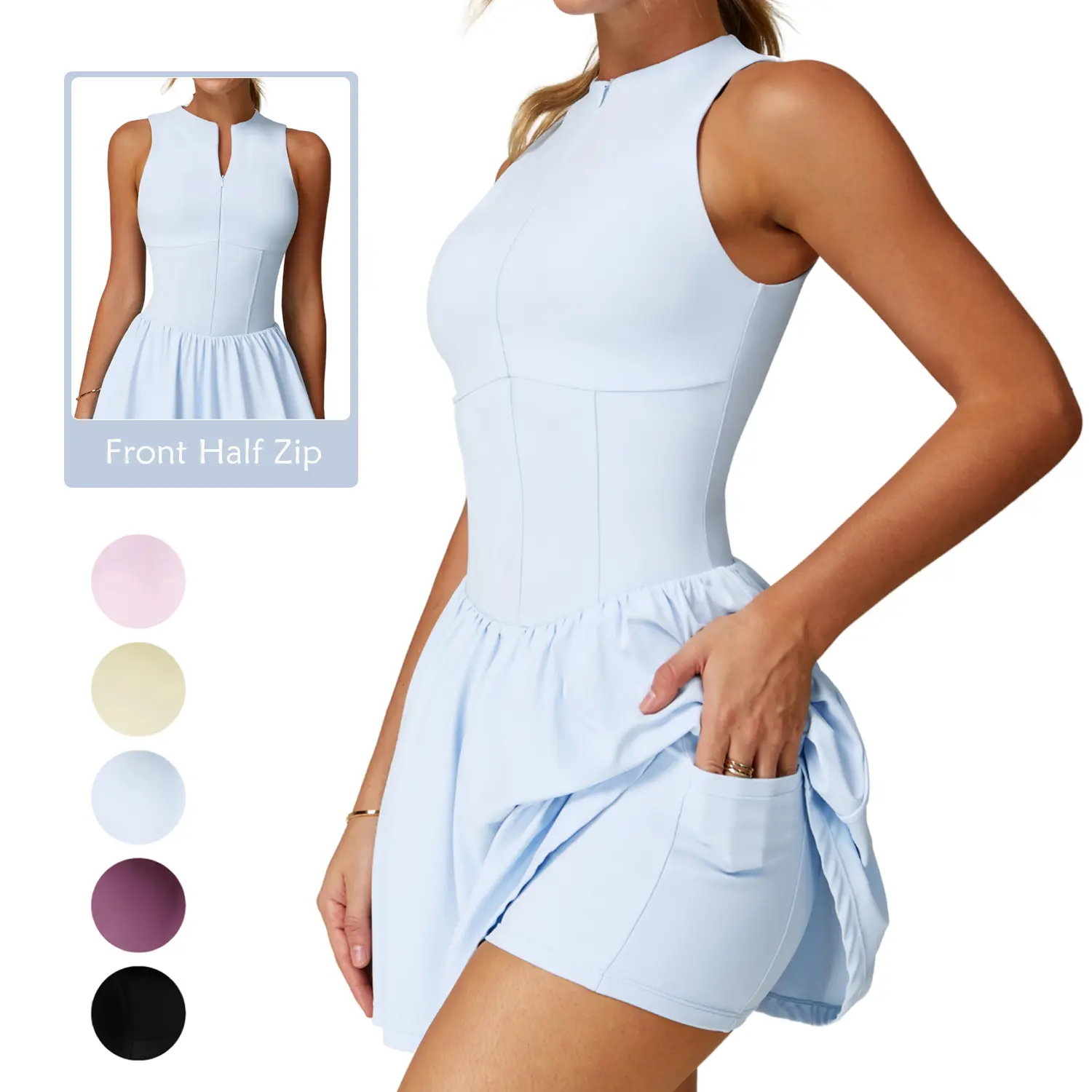 RIOJOY Women's High-Neck Half-Zip Athletic Dress, Sleeveless A-Line with Built-in Shorts and Pockets for Golf, Tennis & Casual Wear, Body Coverage Casual Dresses, Women's Clothes, Brunch Outfit Ideas
