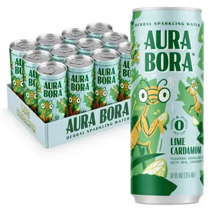 Aura Bora, Craft Sparkling Water Beverage made with Real Herbal Extracts, Lime Cardamom, 12oz cans, Pack of 12