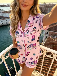 Women's Short Sleeve Pyjama Set, Cartoon Heart Print, Slim-Fitting Casual Home Wear, All Seasons Comfortable Sleepwear