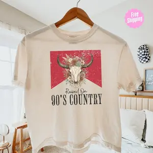 90s Country Bull Skull Vintage Graphic Crop Tee Western Style Boxy Shirt