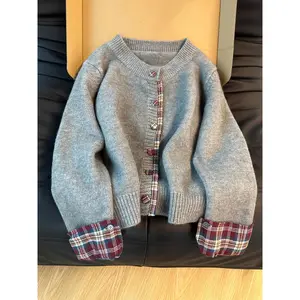 Women's Casual College-Style Color-Blocked Checkered Patchwork Cardigan Sweater - Soft Round Neck Long Sleeve Button Front, Machine Washable Fall Winter Outerwear, Sweaters for s, Cozy Layering, Trendy Knitwear, Durable Knitwear, College