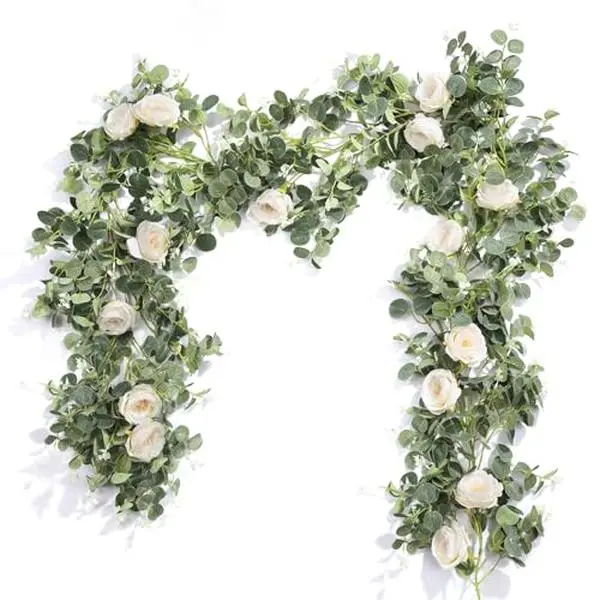 Der Rose 2 Pcs 13FT Artificial Flower Garland Wedding Decor, White Rose Eucalyptus Greenery Garland with Flowers & Floral Garland for Table Runner Flower Arch Backdrop