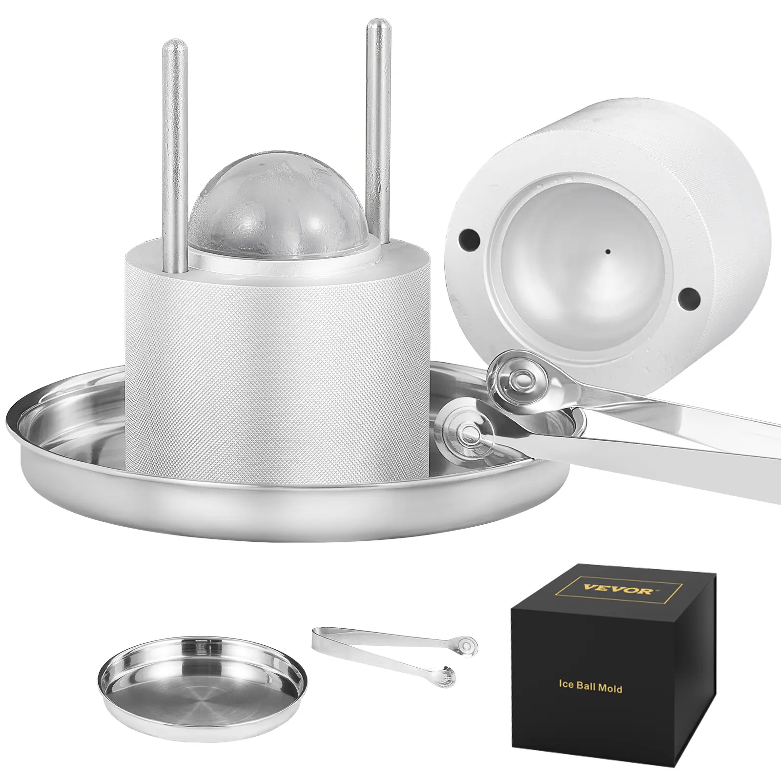 【Summerfinds】VEVOR Ice Ball Press 2.4" Ice Ball MakerAircraft Al Alloy Ice Ball Press Kit for 60mm Ice SphereIce Press with Tong and Drip Trayfor WhiskeyCocktailBourbonScot on Party & HolidaySilver