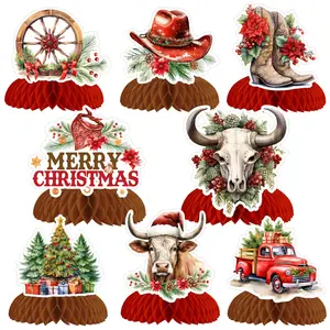 1Set Western Cowboy Christmas Honeycomb Centepieces Red Brown Highland Cow Red Pickup Truck Table Toppers Centerpieces Christmas Tree Boots Hat Table Decorations for Christmas Holiday Xmas Party Supplies