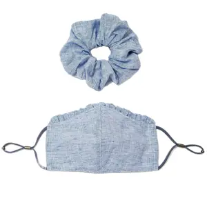 Universal Thread Ruffle Trim Face Mask + Hair Twister - Linen Blend, Two Layers, Filter Pocket, Adjustable Nose and Ear Loops, Matching Scrunchie mask