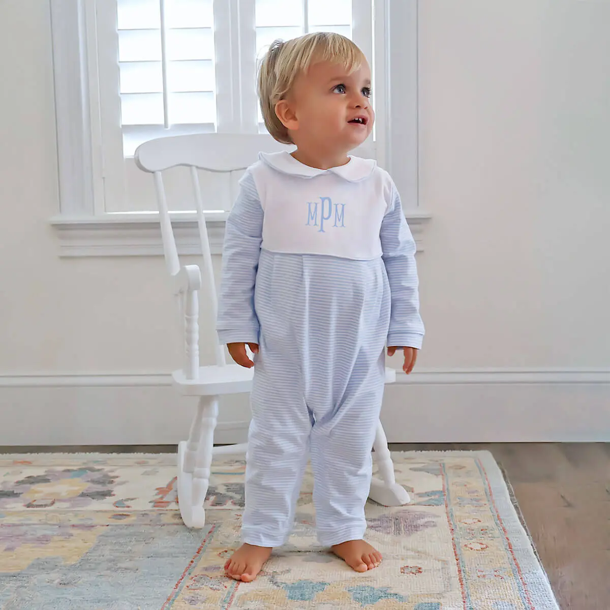 Classic Whimsy Infant Stripe Knit Romper, Baby Long Sleeve Collared Jumpsuit for Playwear, Light Blue, Infant Jumpsuit, Romper Jumpsuit