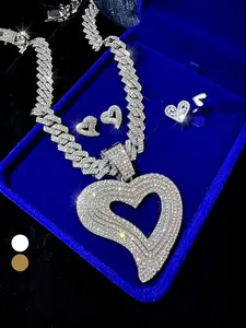 Hip Hop Punk Style Jewelry Set, Elegant Hollow Heart Pendant Necklace with Shining Copper Synthetic Zirconium Earrings, Adjustable Opening Ring, Valentine's Day, Gift