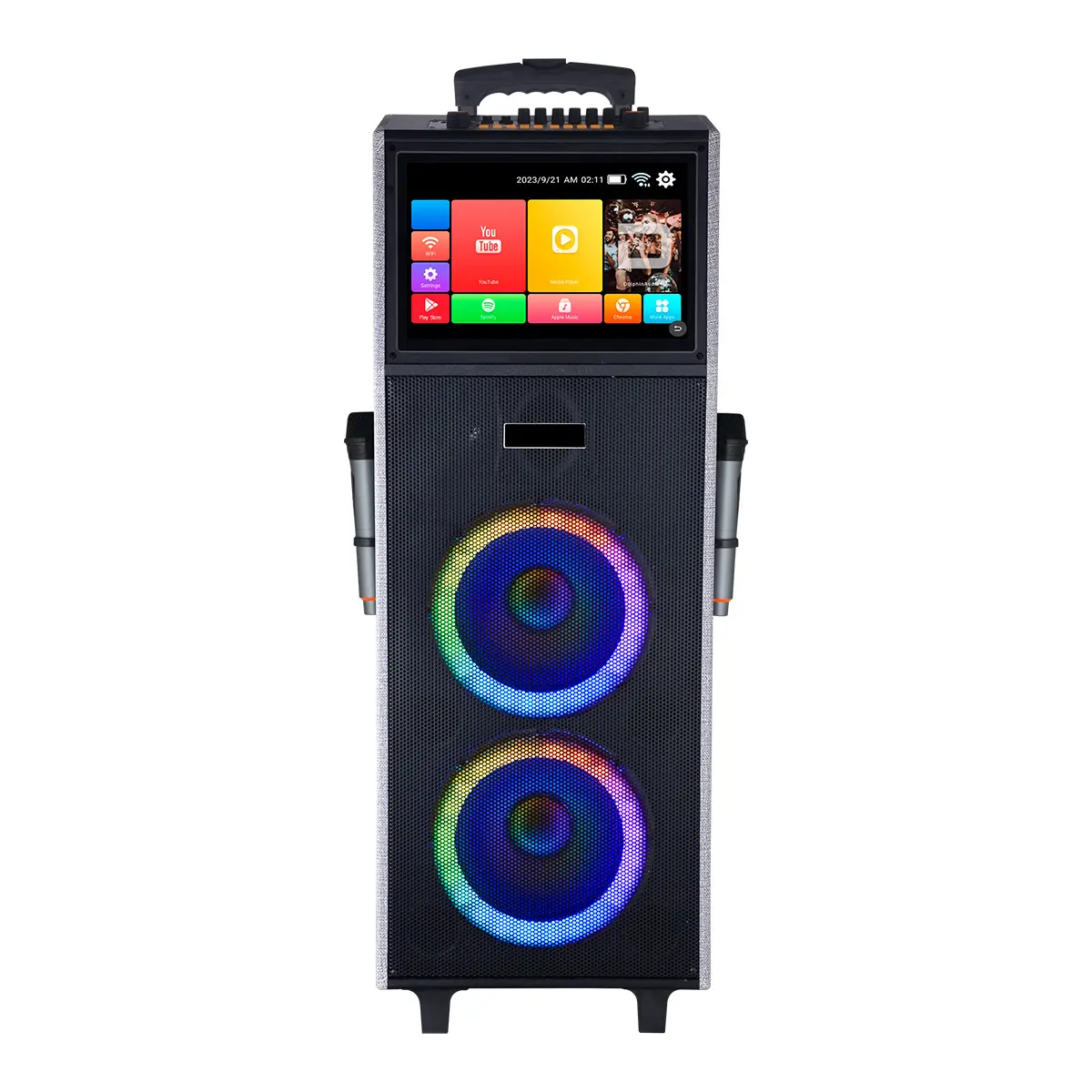 Rechargeable Portable Karaoke Machine – 2 Wireless Mics, 14" Touchscreen, Dual 10" Speakers Voice Modulation Bluetooth USB, TF, FM, AUX, LED Lights PA System Sing & Stream
