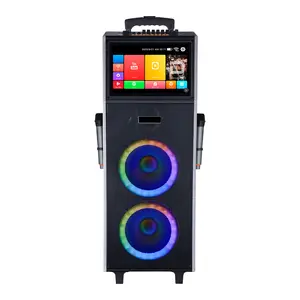 Rechargeable Portable Karaoke Machine – 2 Wireless Mics, 14" Touchscreen, Dual 10" Speakers Voice Modulation Bluetooth USB, TF, FM, AUX, LED Lights PA System Sing & Stream