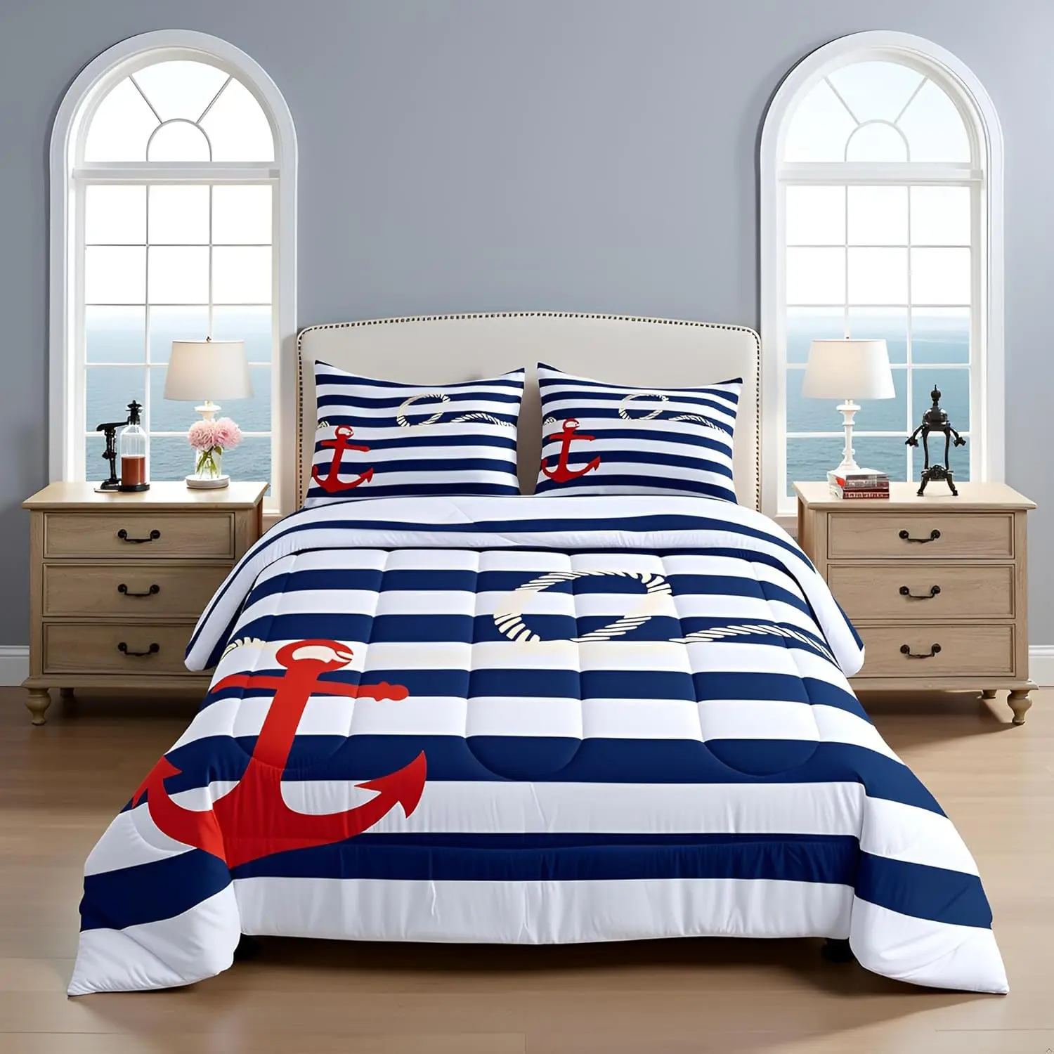 Kids Nautical Anchor Comforter Set Blue White Striped Hemp Rope Bedding Set for Kids Boys Adults Bedroom Decor,Ocean Adventure Down Comforter,Rustic Vintage Duvet Insert