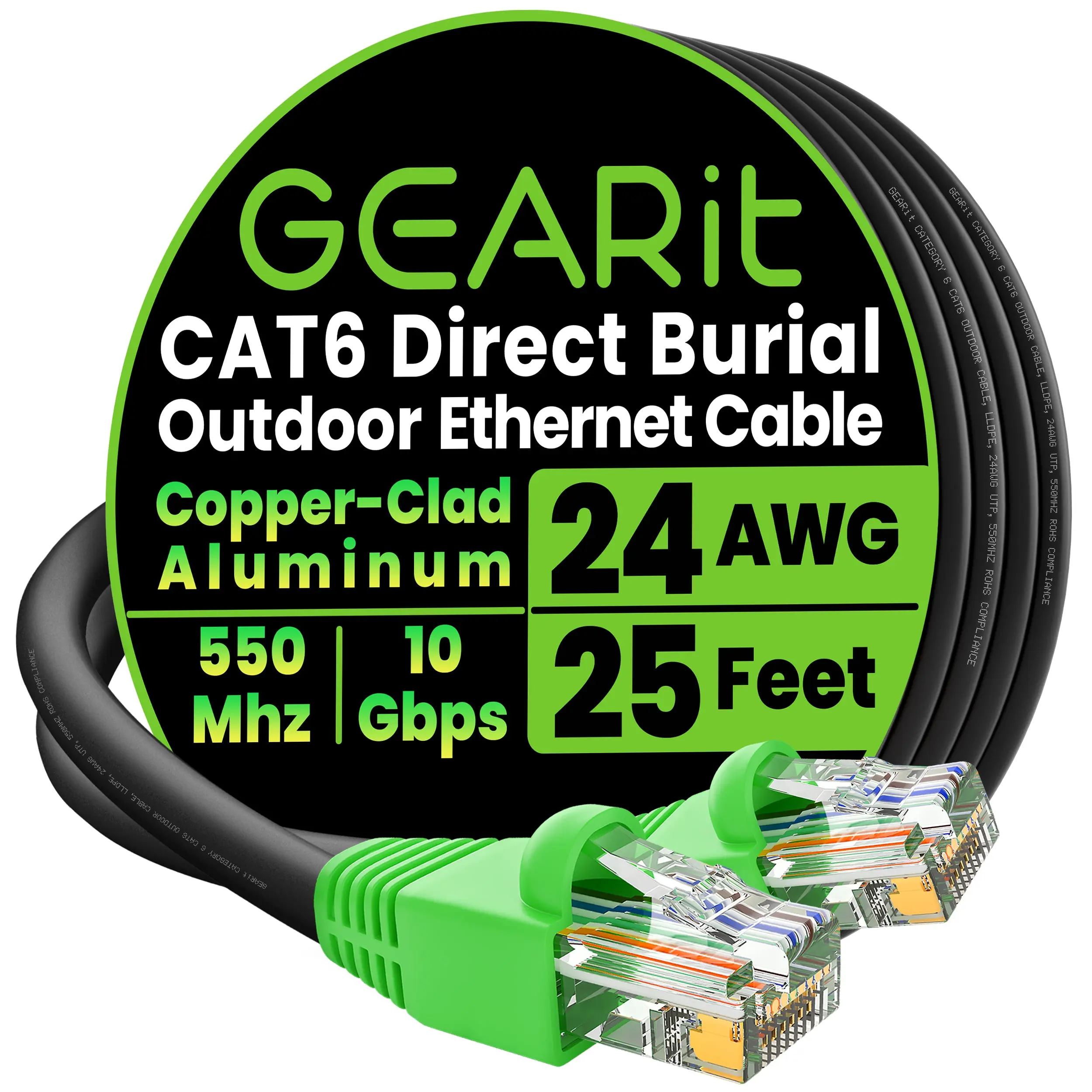 GEARit Cat6 CCA Outdoor Network Cable - Direct Burial, Black, UV Protection, Waterproofing, 25ft/100ft Options
